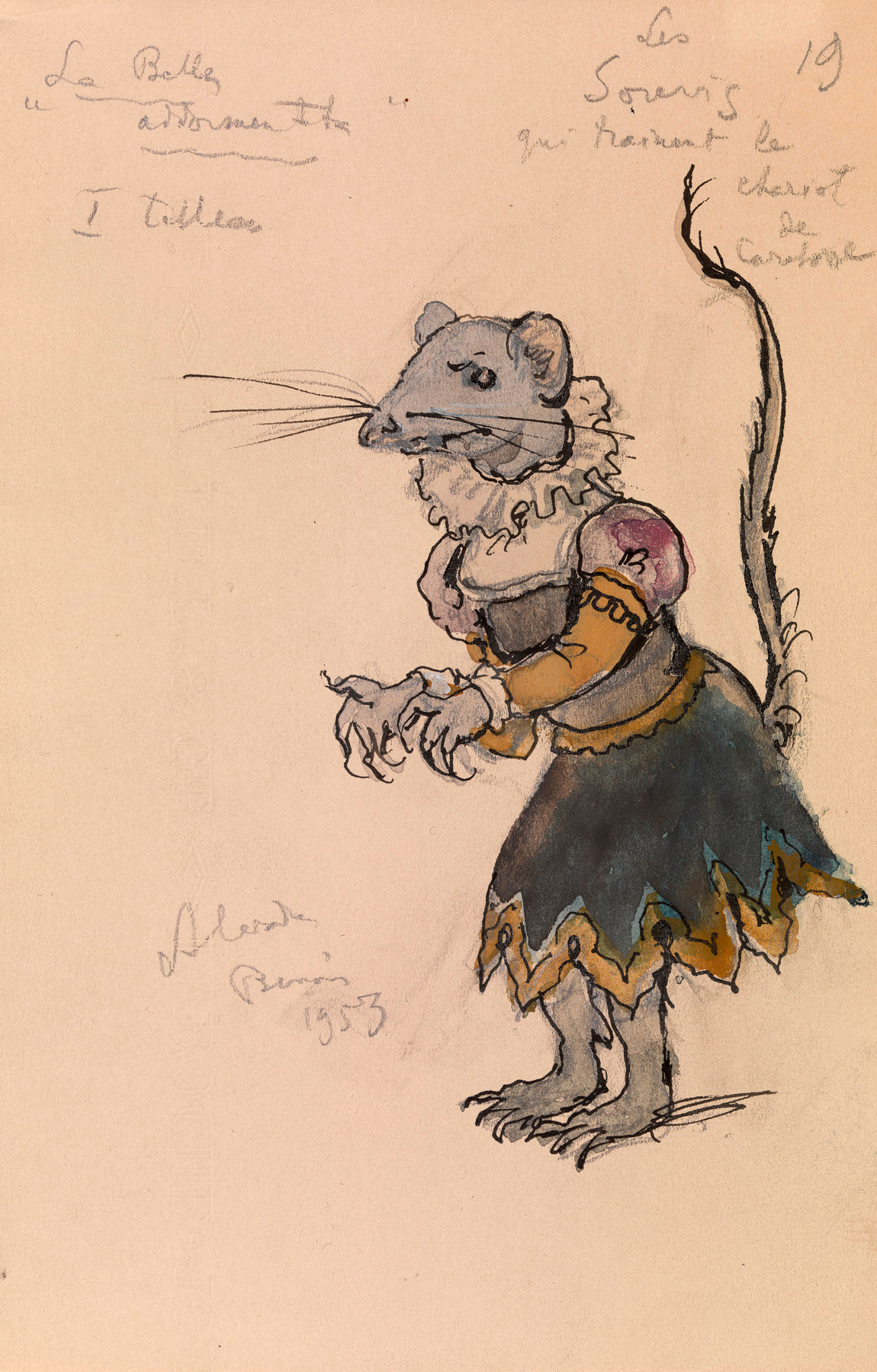Costume Designs for the Wicked Fairy Godmother and the Mouse Pulling Her Wagon in "The Sleeping Beauty", </i>two works<i>,
