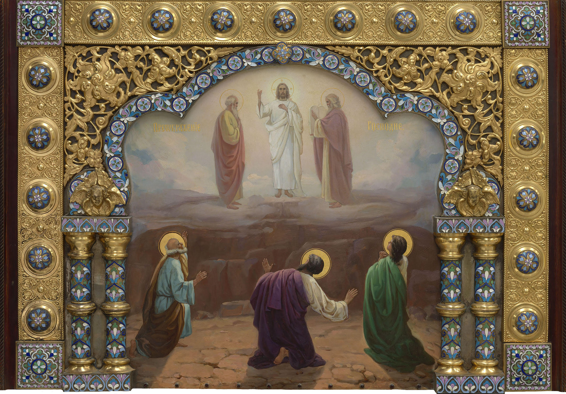 The Transfiguration on Mount Tabor in a Silver-Gilt and Cloisonné Enamel Oklad
