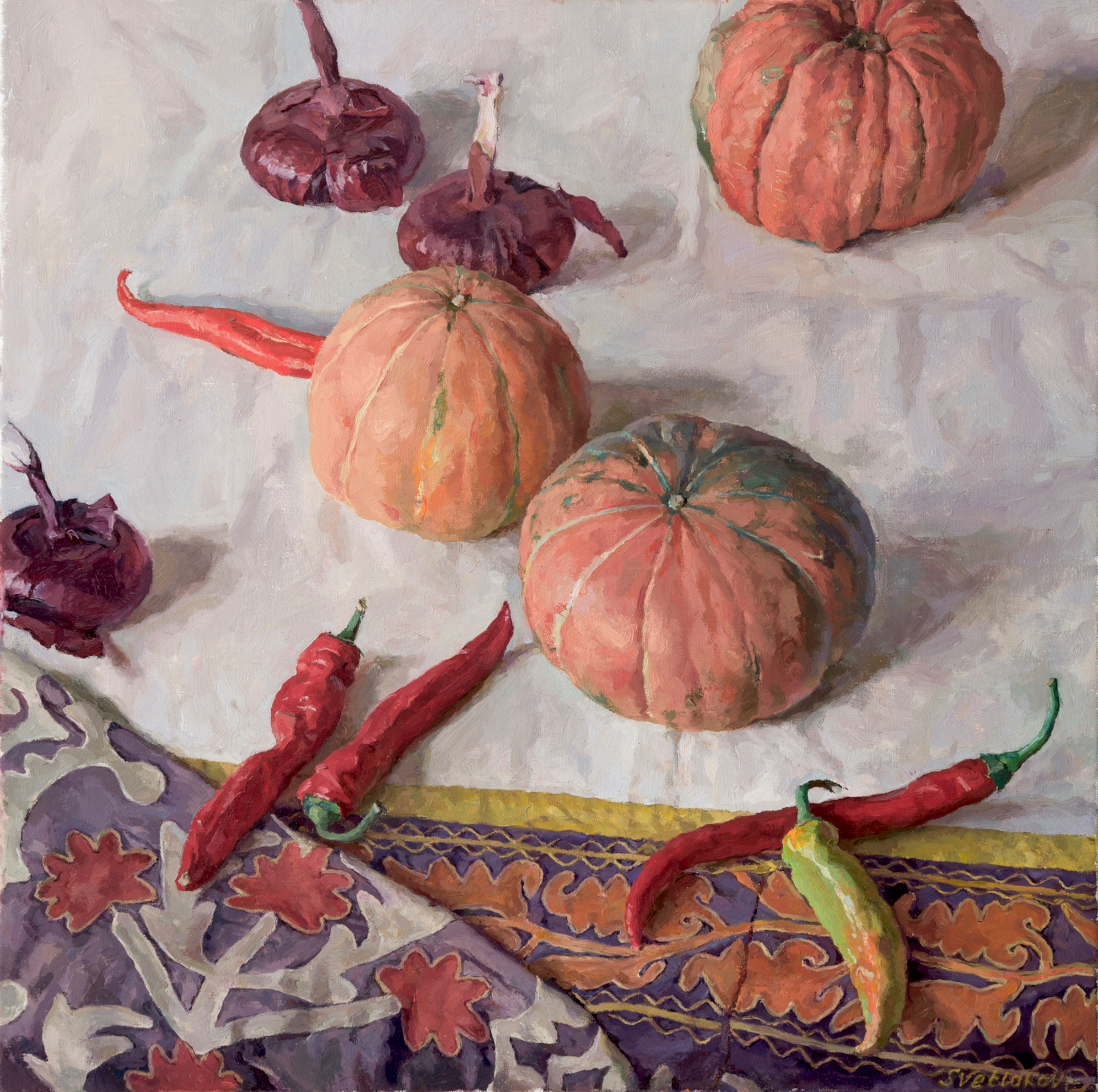 Still Life with Pumpkins, Red Chillies and Onions