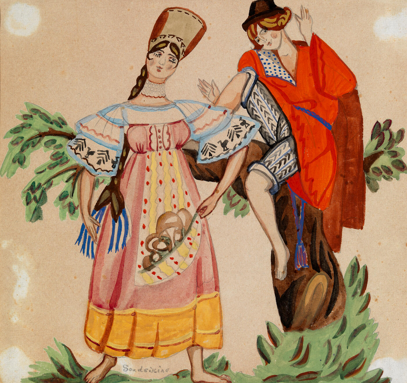 Two Figures in Russian Folk Costumes