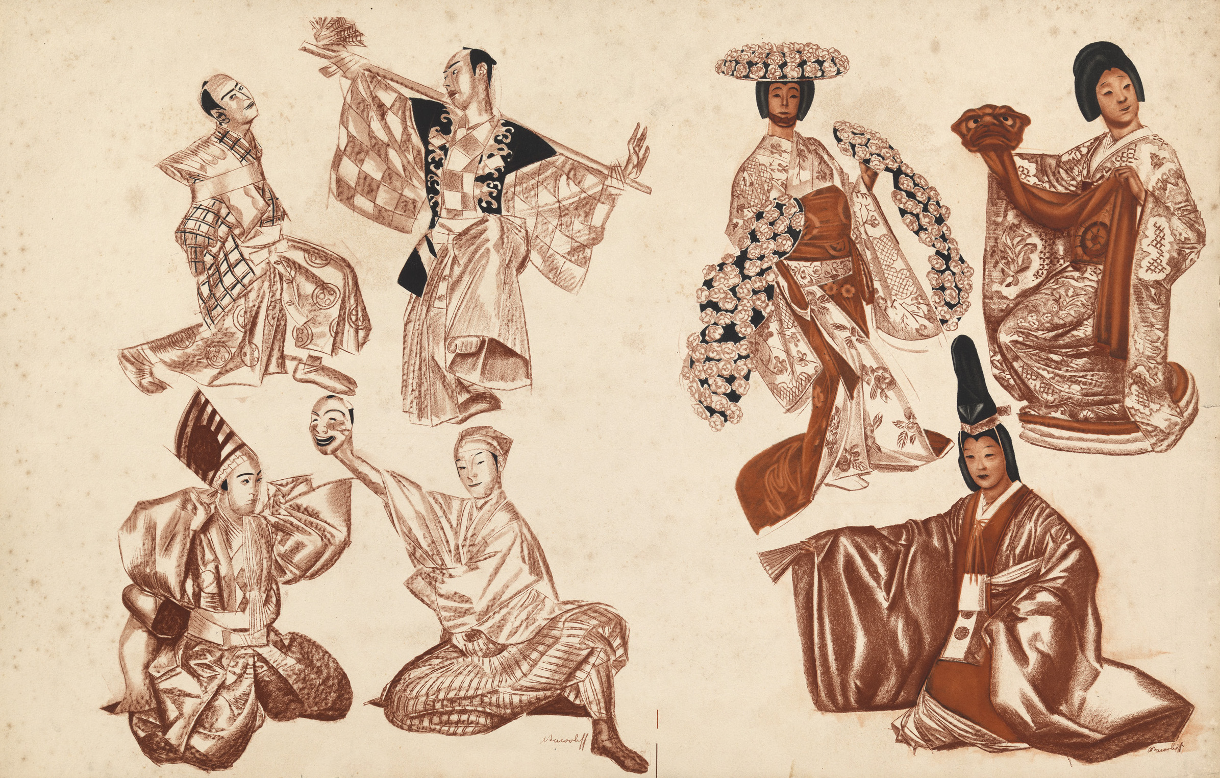 Illustrations for "Le Théâtre Japonais (Kabuki)", 1933, by Alexandre Iacovleff and Serge Eliseeff