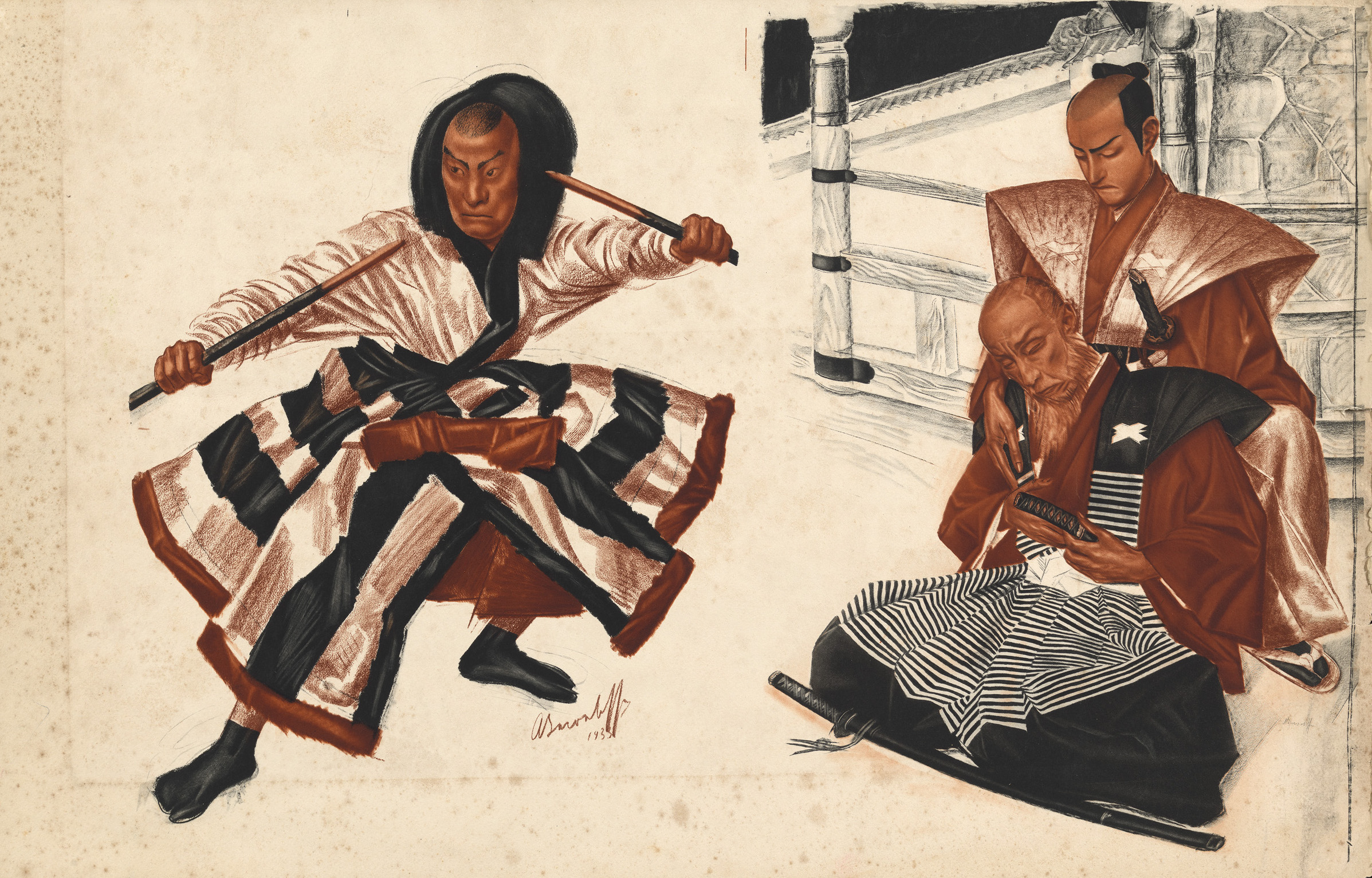 Illustrations for "Le Théâtre Japonais (Kabuki)", 1933, by Alexandre Iacovleff and Serge Eliseeff