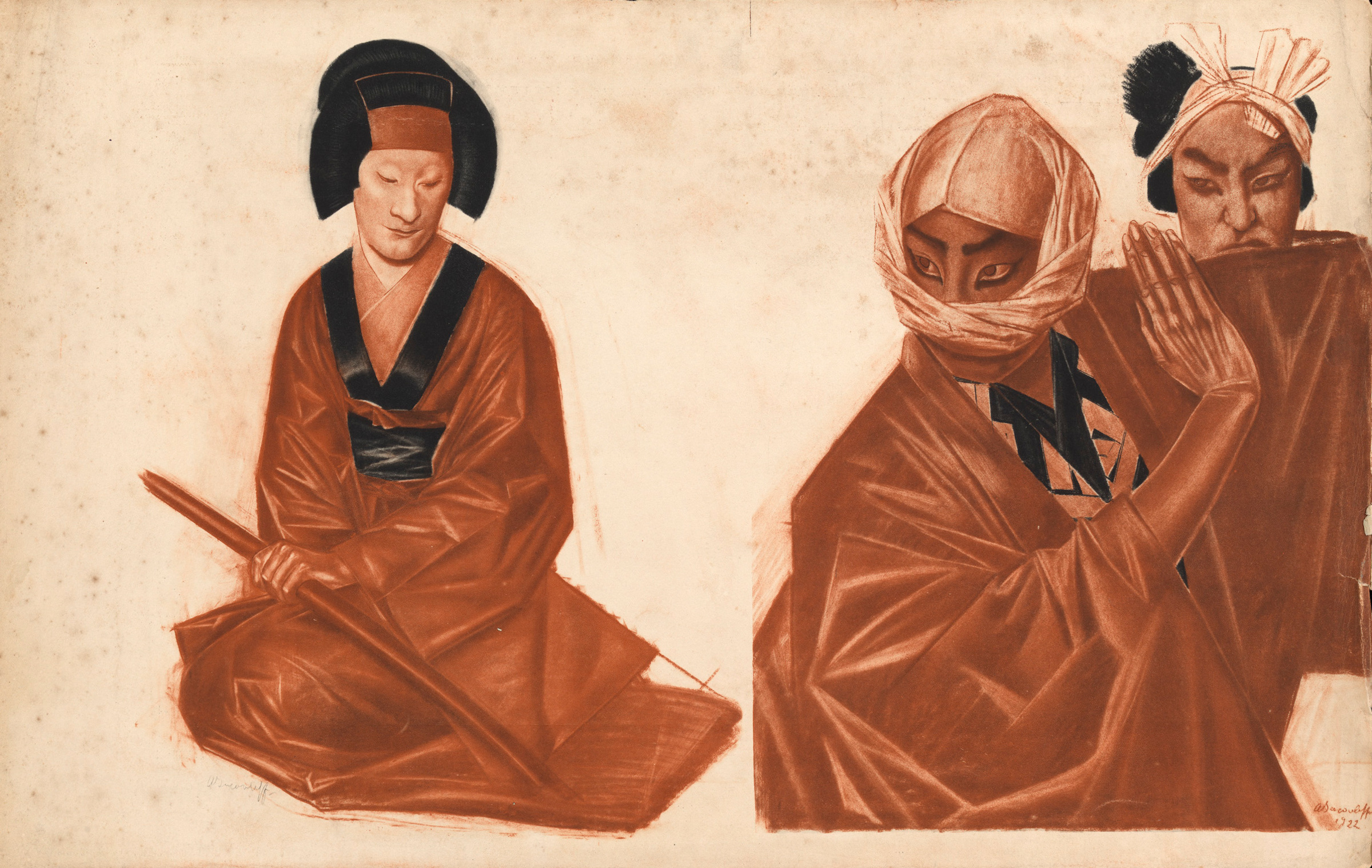 Illustrations for "Le Théâtre Japonais (Kabuki)", 1933, by Alexandre Iacovleff and Serge Eliseeff