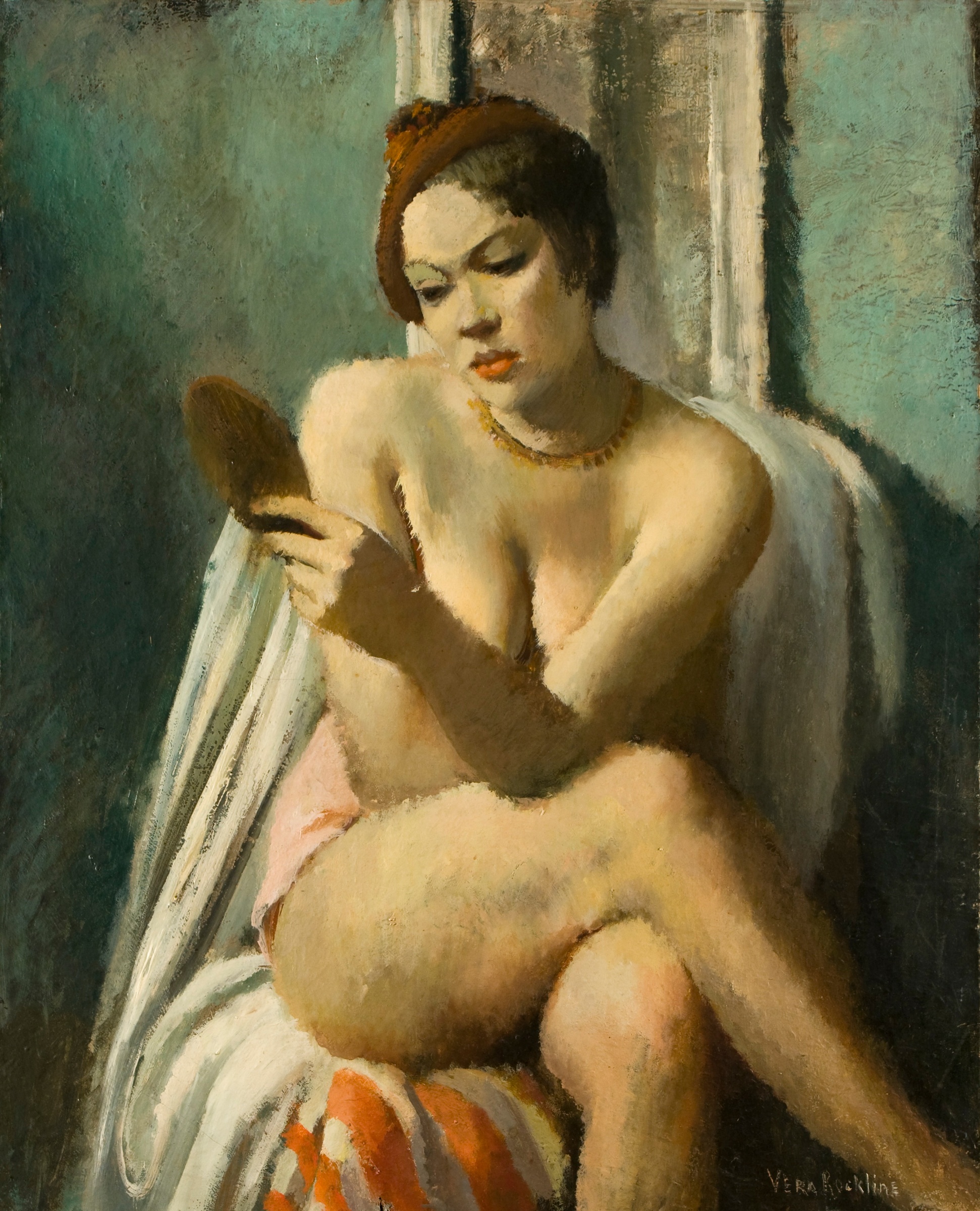 Nu au béret rouge à sa toilette